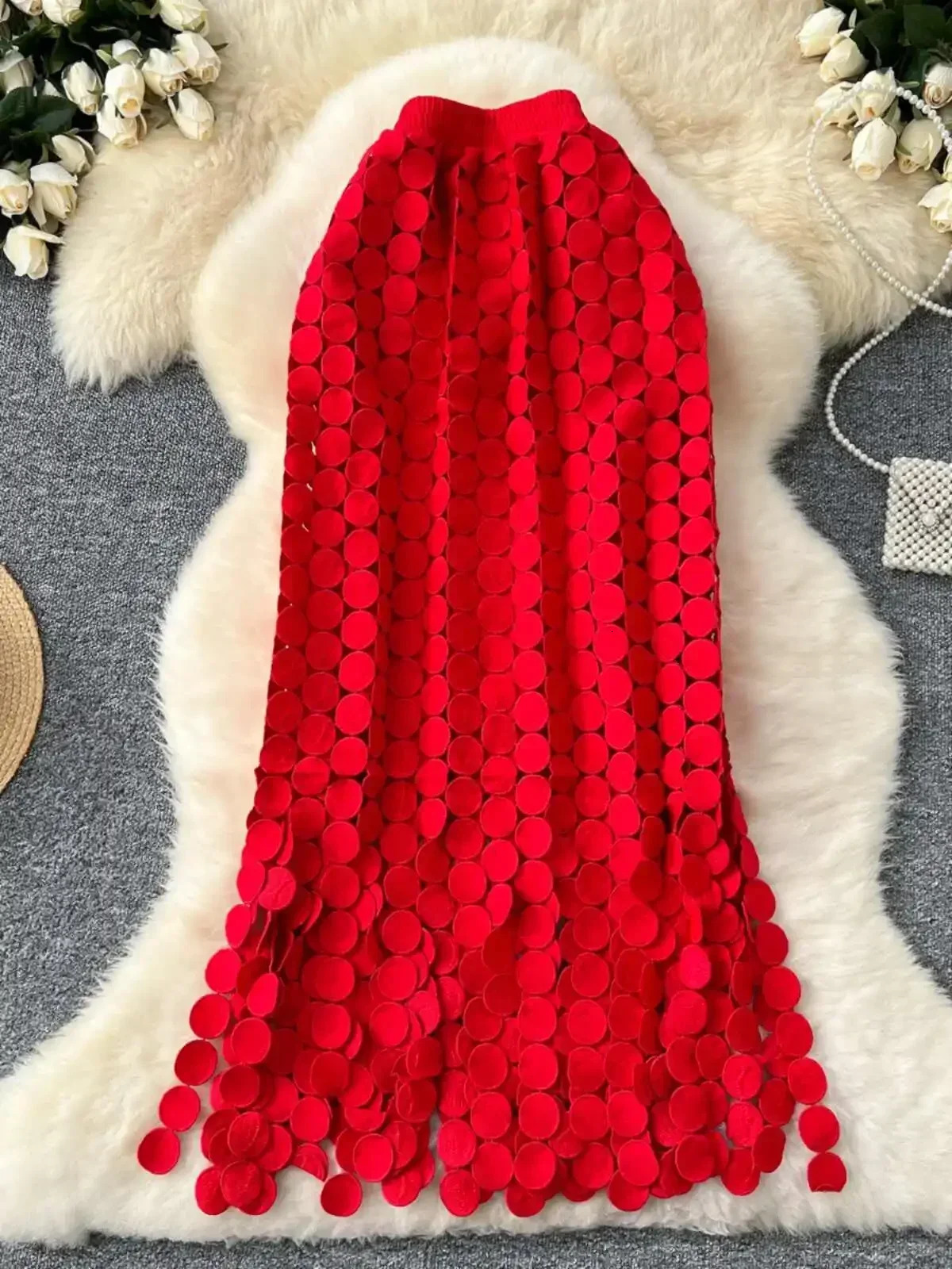 Womens Tube Skirt Hollow Out Polka Dot Tassel Autumn High Waist Slimming Mid Length Straight Party Sexy Faldas Female SK008 250225