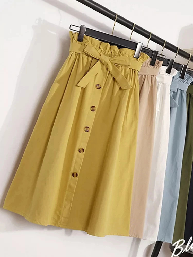 Summer Autumn Skirts Womens Midi Knee Length Korean Elegant Button High Waist Skirt Female Pleated School Skirt 250226