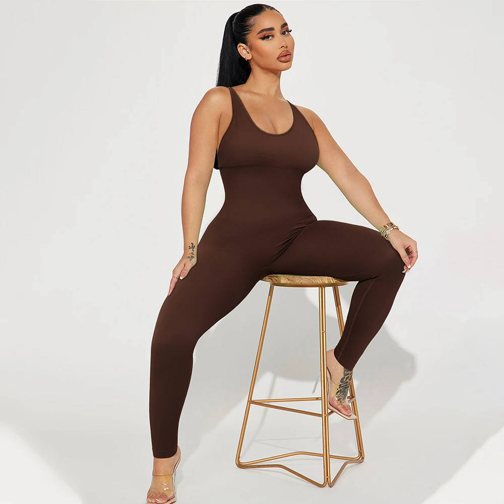 Solid sexy jumpsuit womens summer sleeveless jumpsuit backless casual tight fitting sportswear fashionable streetwear women 250224