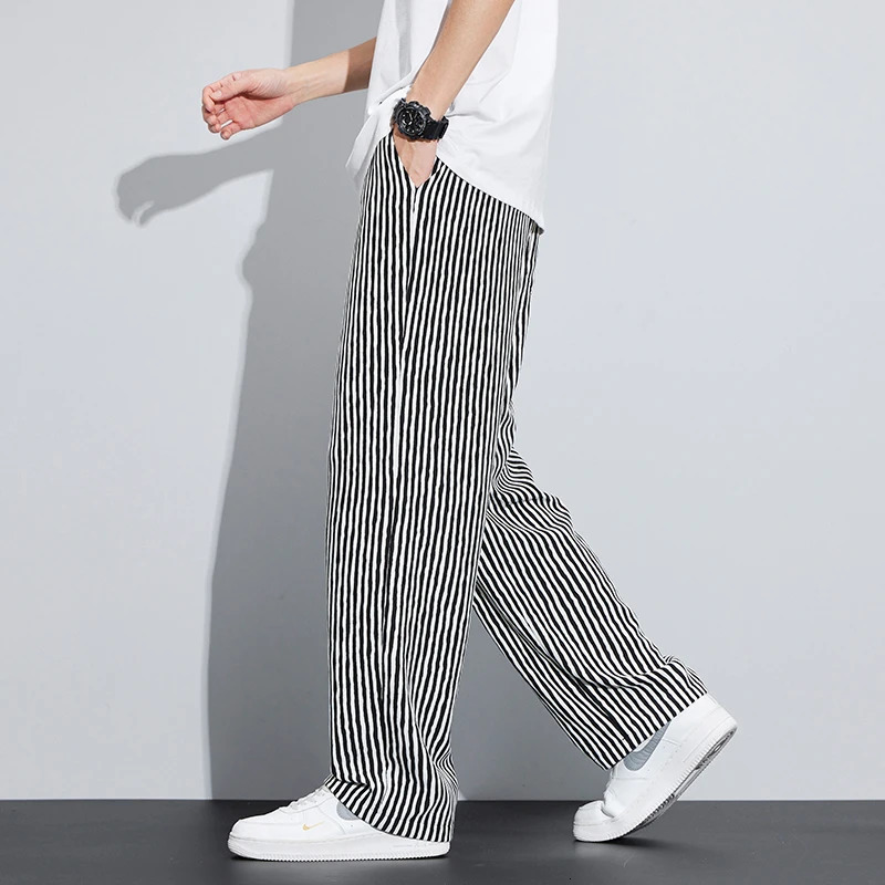 Spring and summer striped casual pants mens loose straight wide leg brushed elastic waist pants mens pants 250225