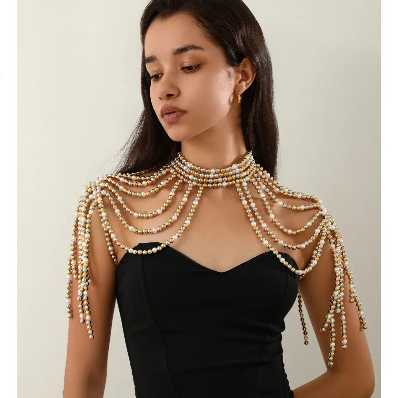 2024 Fashion Creative Pearl Tassel Shoulder Chain Body Chain for Women Girls Personality Metal Geometric Body Jewelry 250225