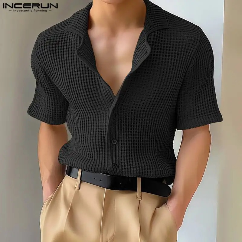 Mens Shirt Solid Color Lapel Short Sleeve Hollow Out Streetwear Casual Men Clothing Summer Fashion Male Shirts S-5XL INCERUN 250222