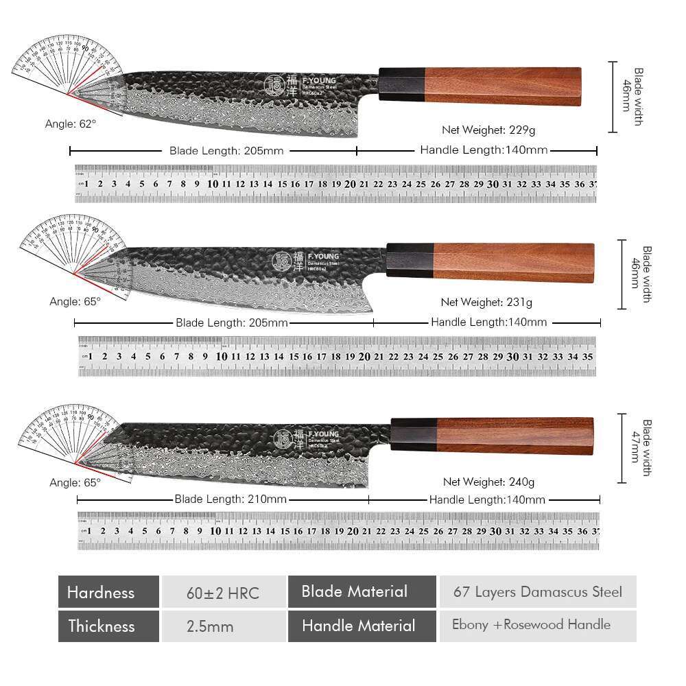 F.Young Japanese Hand Forged Chef Knife Damascus Steel Kitchen Knives Vegetable Meat Slicing Sashimi Utility Cooking Utensils