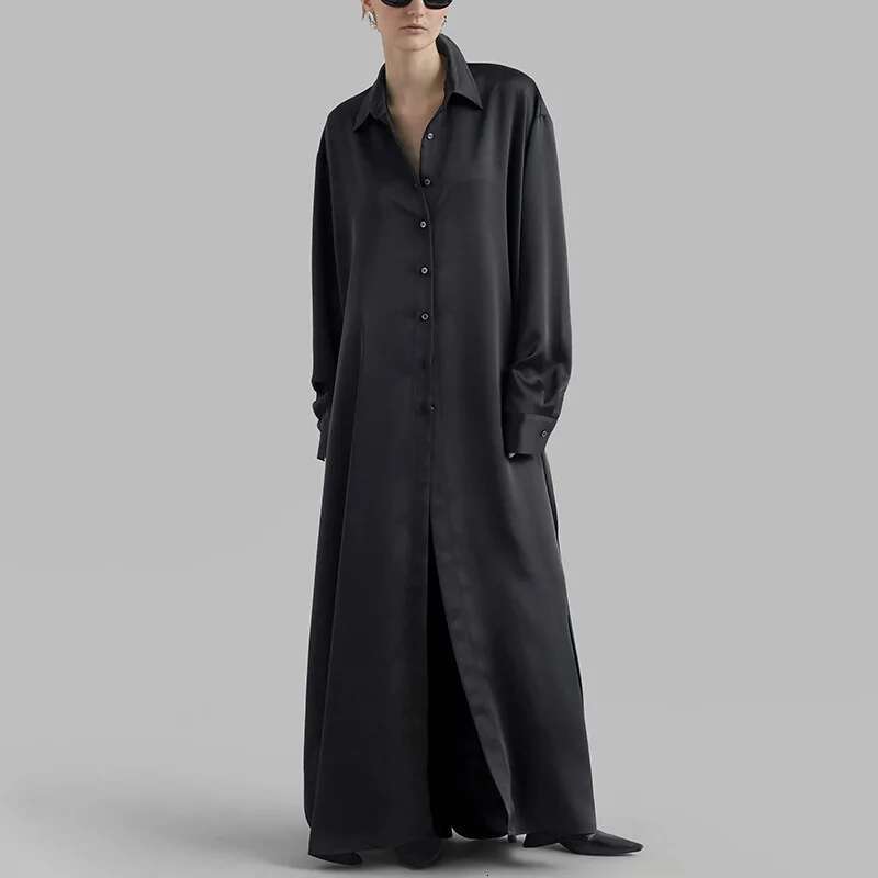Getspring Women 2024 Autumn Solid Simple Split Full Sleeve Single Breasted Loose Casual Long Shirt Dress All Match Fashion