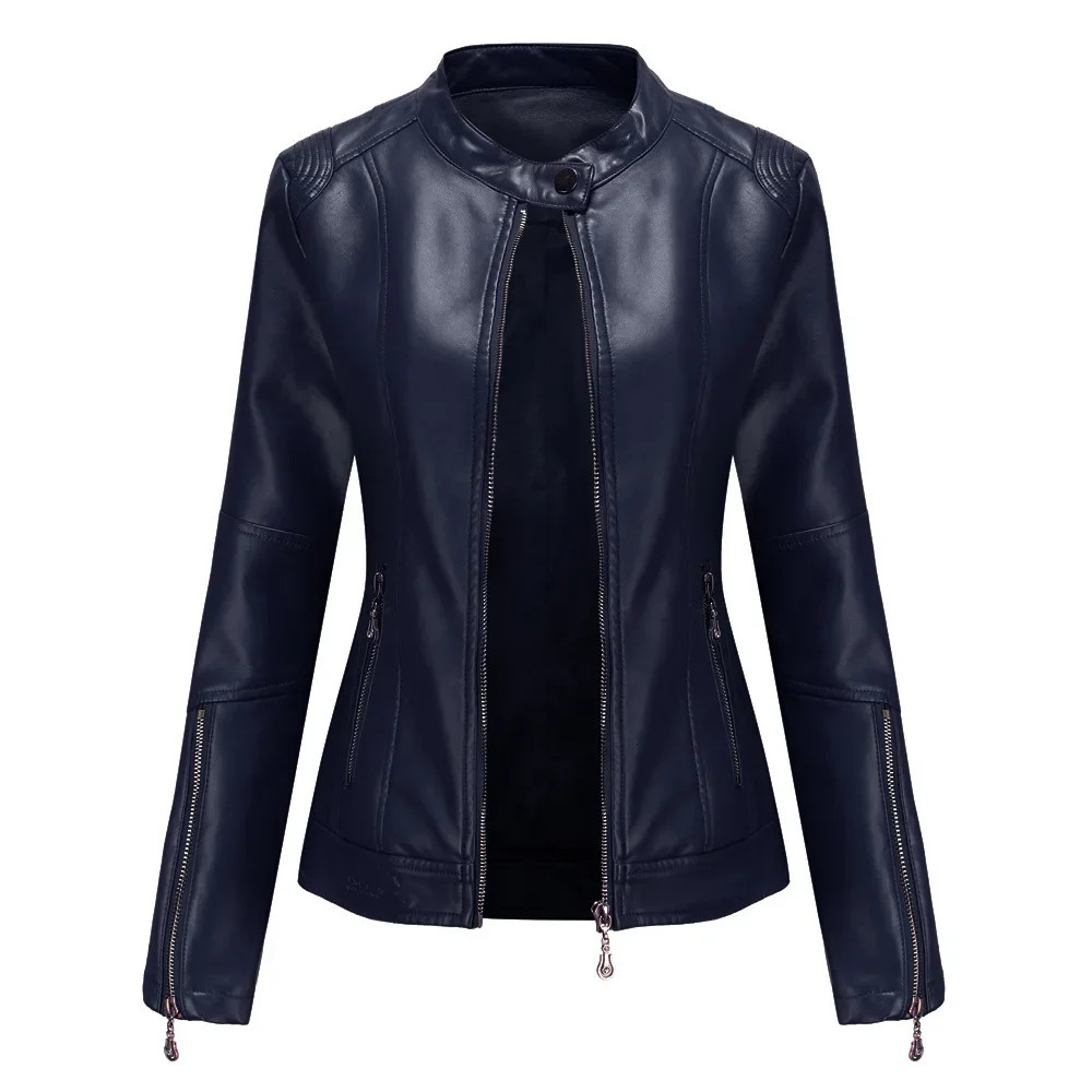 Faux Leather Women Coat Full Sleeve Round Neck Slim Fit Solid Sexy Regular Jackets Zipper Casual Splice Pu Coats Jacket 250225