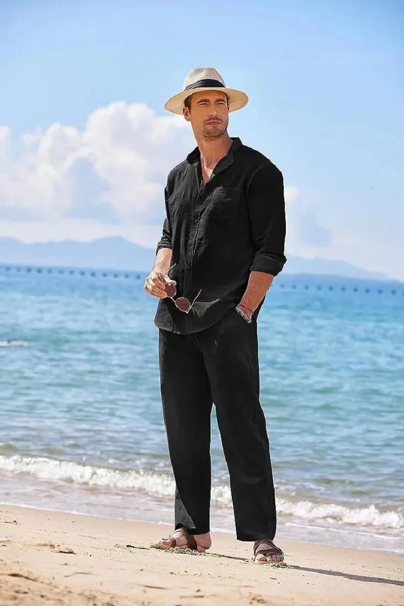 Sky Blue White Black Sports Suit Mens Beach Casual Linen Loose Long-sleeved Shirt Trousers Workwear Two-piece Male Set 250222