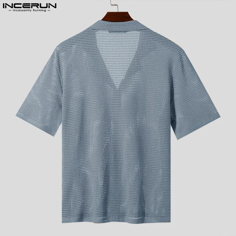 Mens Shirt Solid Color Lapel Short Sleeve Hollow Out Streetwear Casual Men Clothing Summer Fashion Male Shirts S-5XL INCERUN 250222