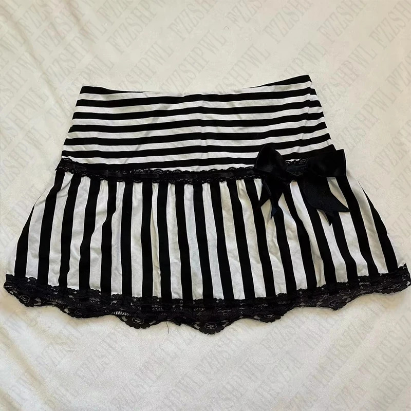 Punk Emo Vintage Womens Skirt Y2K Aesthetic Bow sweet A-Line Skirt Streetwear Y2K Fairy Stripes Cute Lace Sexy Mini Skirt 250225