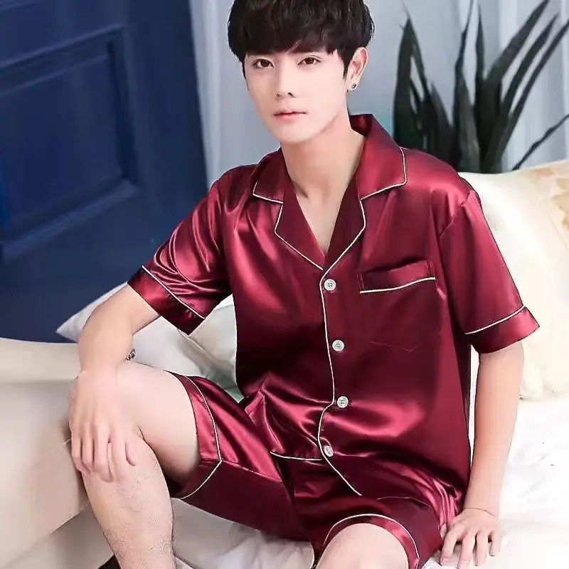 Summer Silk Satin Mens Pajamas Solid Color Sleepwear Big Size Short Sleeve Button-Down Pajamas Home Suit Pajamas Lounge Pjs Sets 250225