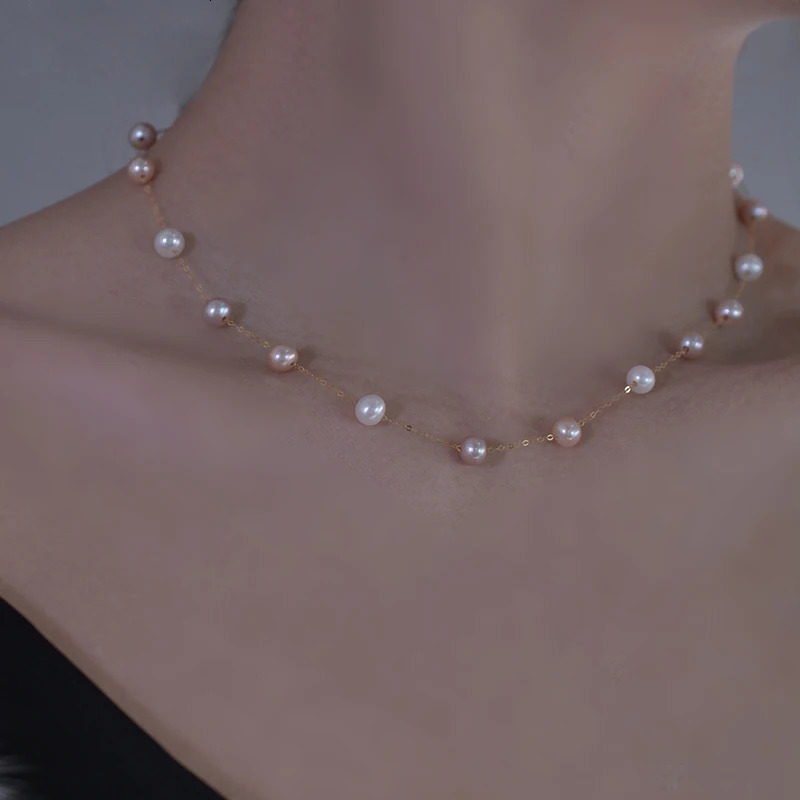 Real 18K Yellow Gold Natural Pearl Necklace Pendant Au750 Fine Jewelry Near Round Aniversary Gift For Women Mix ColorX321 250222