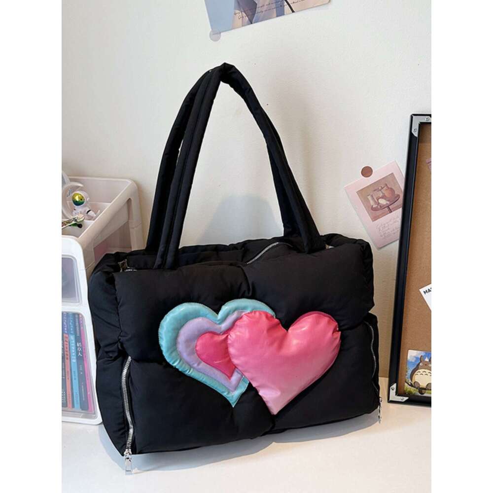 Women's Bags Autumn And Winter New Down Tote Women's Fashion Love Printed Large Capacity Cotton Robe Versatile Shoulder Bag Handbag