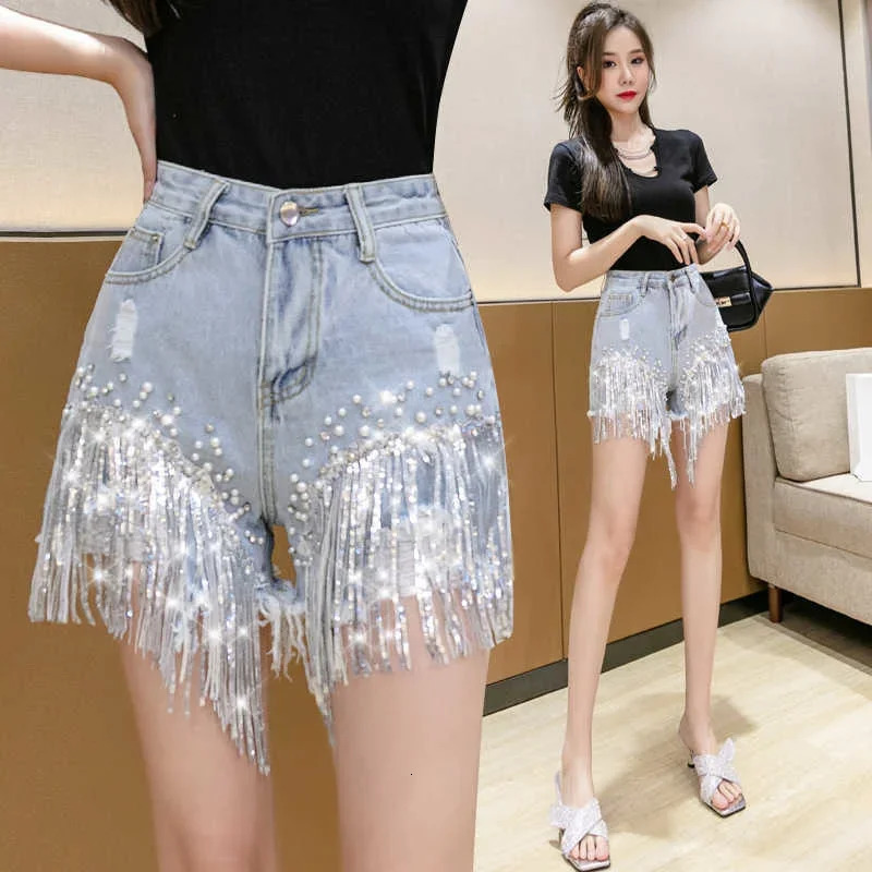 Womens Summer Denim Shorts Y2k Elegant Fashion High Waist Diamond Studded Rhinestones Sequin Jean Pants for Ladies 250226