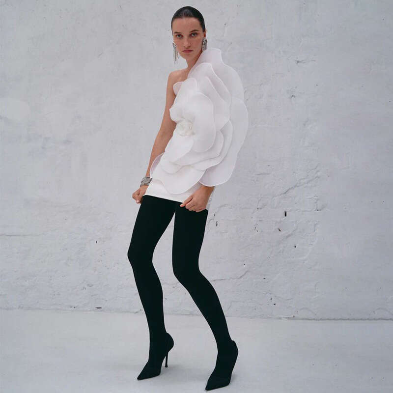 Women's Dress High End Slanted Shoulder Decorative Flower Women's White Wedding Party Dress, One-Step Skirt