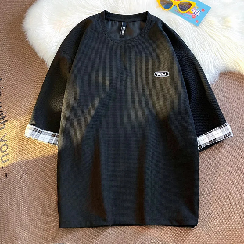 Waffle Breathable Short Sleeve T-Shirt Summer Patchwork Colour Tee Tops Mens Shirt O-neck Casual Tshirts 250224