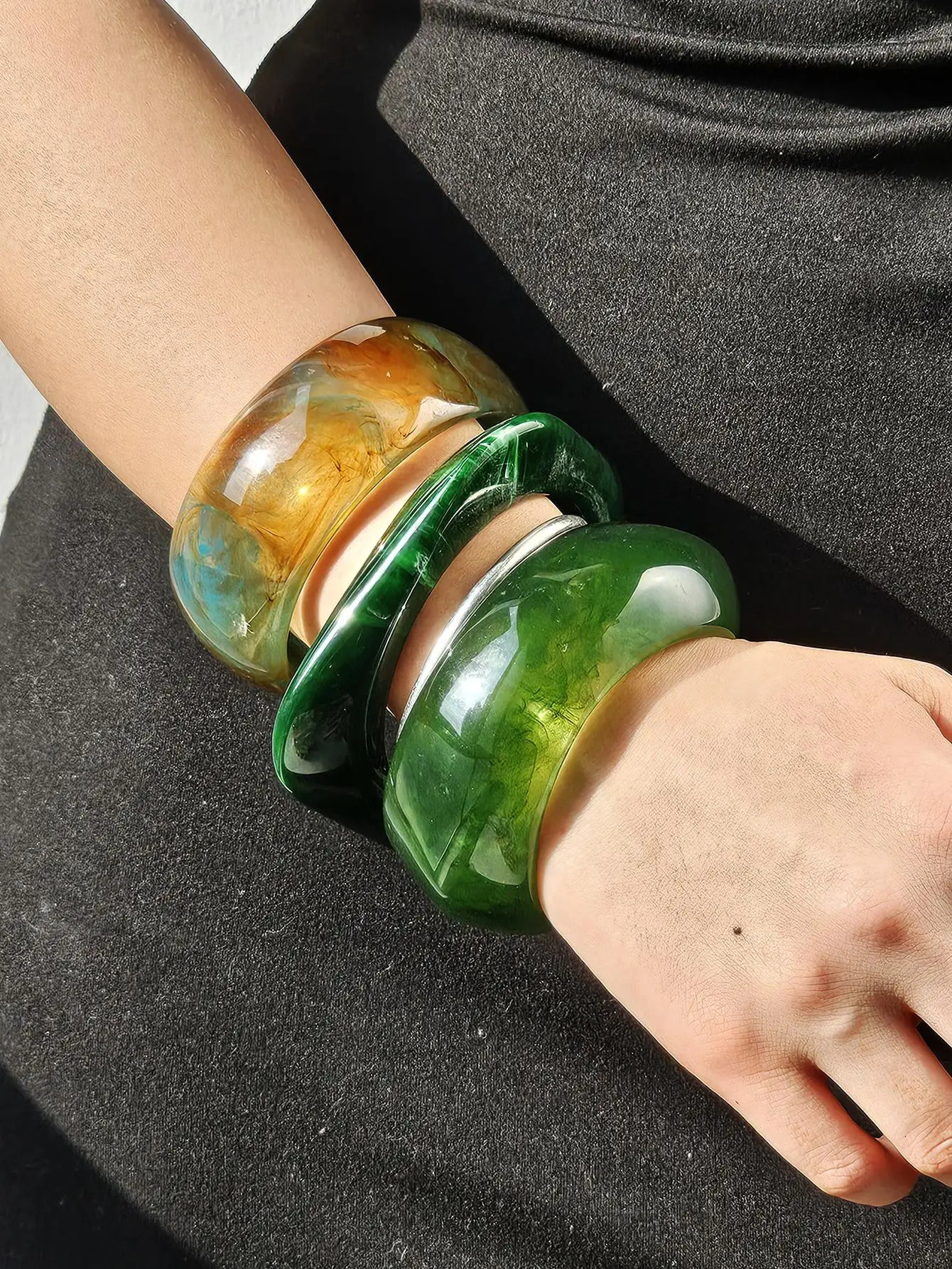 Retro Geometric Irregular Square Green Smudge Chunky Resin Bracelet for Women Girl Vintage Bangle HUANZHI 2025 250225