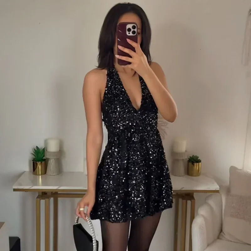 V-Neck Glitter Big Hem Dresses Fashion Hollow Backless Night Club Party Dress Women Elegant Pleat Waisted Mini Dress 250225