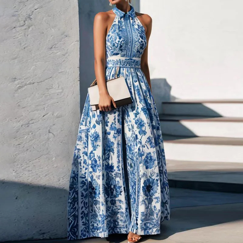 Vintage Floral Print Women Bohemian Dresses Spring Elegant Polo Collar Sexy Maxi Dress Summer Sleeveless Loose A-Line Long Dress250222