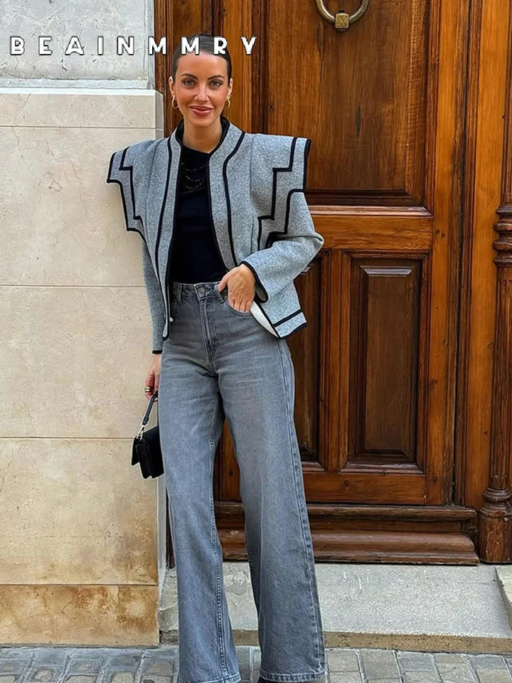 Fashion Woolen Women Contrasting Jacket Chic Round Neck Cropped Layered Long Sleeve Loose Coat 2025 Spring Lady Commute Overcoat 250225