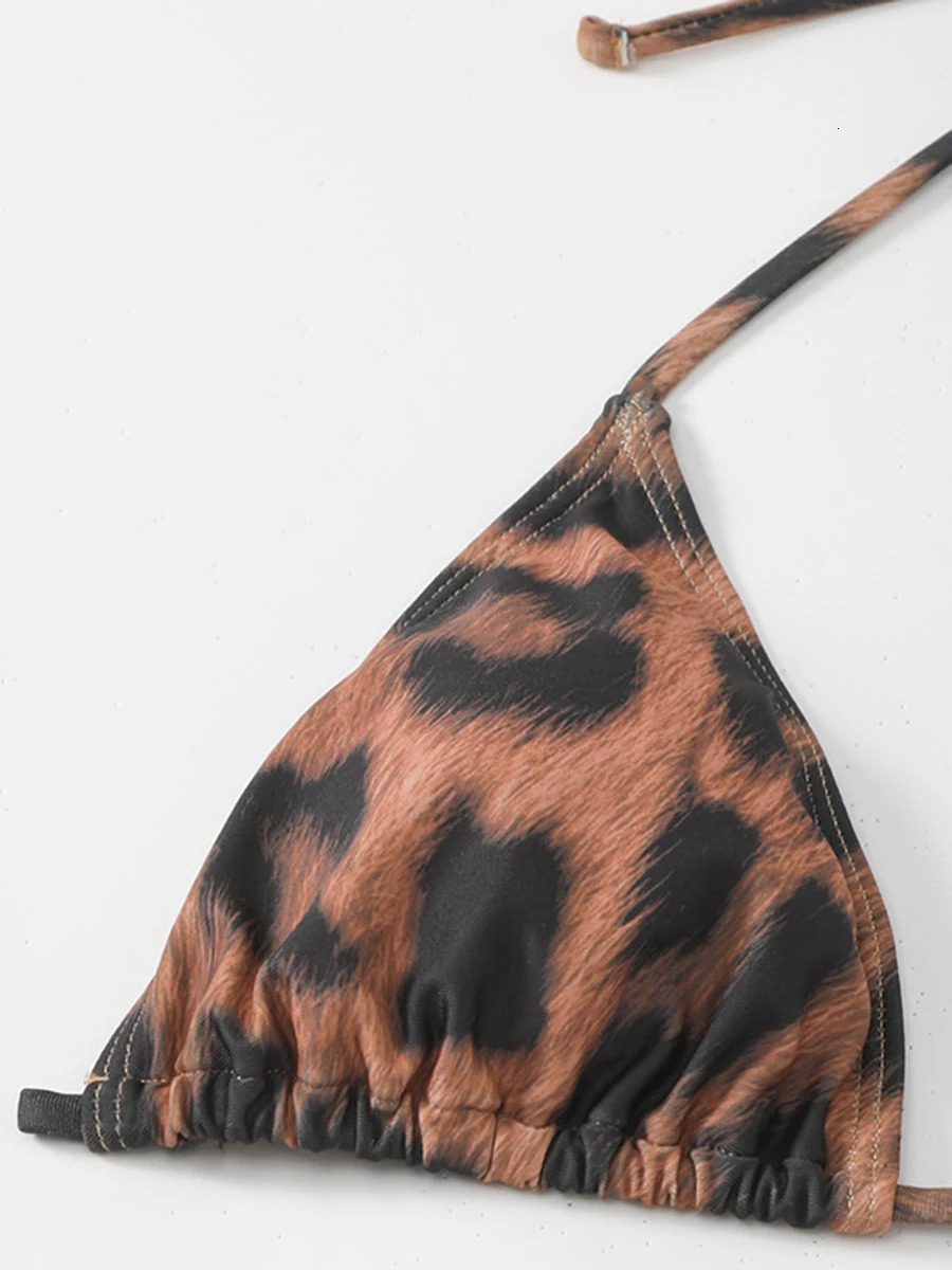 3 Pieces Leopard Triangle Halter String Bikini Hollow Out Swimsuit Women Swimwear Female Bathers Bathing Swimming Swim Suit 250225
