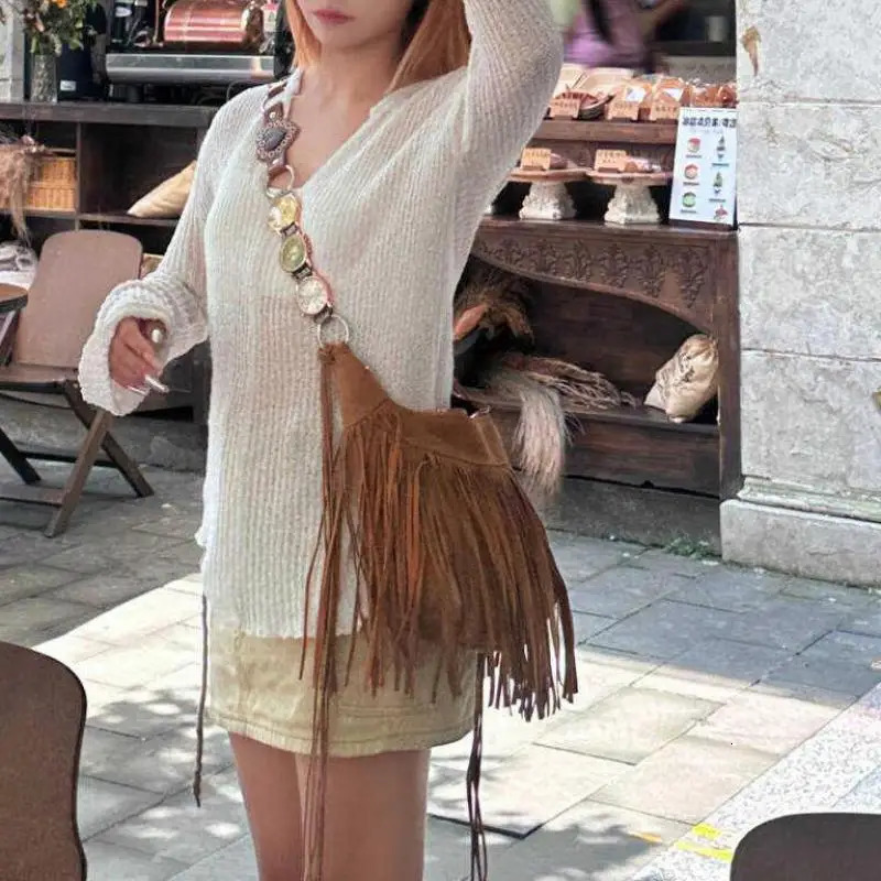 Original Tassel Decoration Suede Frosted Leather Women Bag Metal Clock Shoulder Strap Single Shoulder Crossbody Bag Trendy 250225