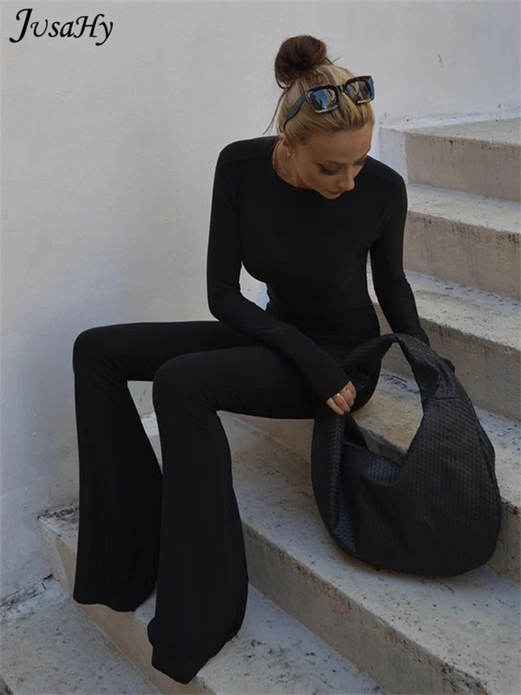 JuSaHy Summer Y2K Solid Black Basic Bodysuit for Women Fashion Long Sleeves Halter Backless Flare Pants Simple Casual Streetwear 250224