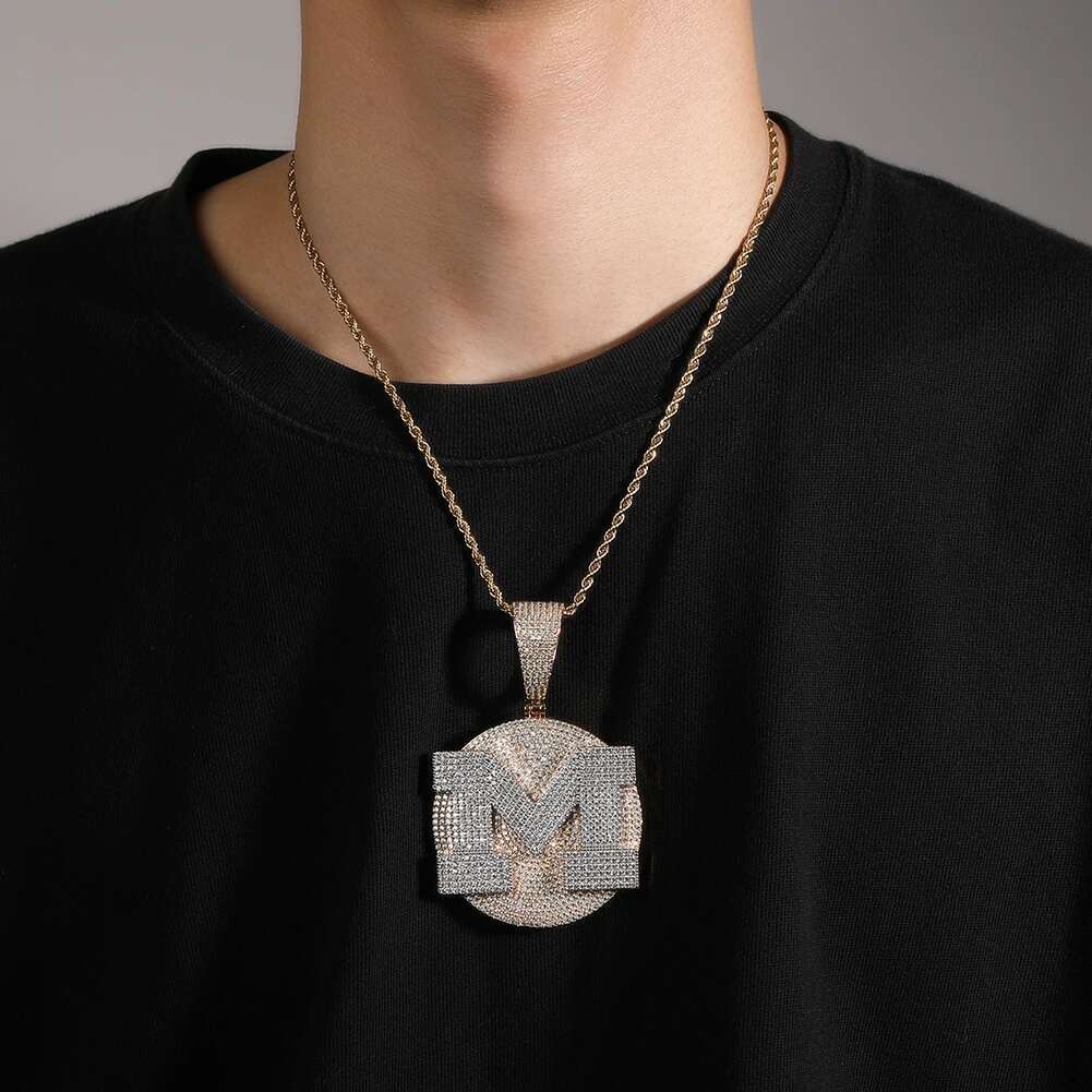 TBTK Custom Initial Letter Round Pendant Personalized Medallions Micro Paved Out Cubic Zirconia Hiphop Jewelry For Men