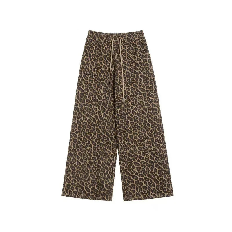 Sensibility Loose-Fit Slimming Straight-Leg Wide-Leg Dragging Pants Spring Autumn Style American Vintage Leopard Slip 250225