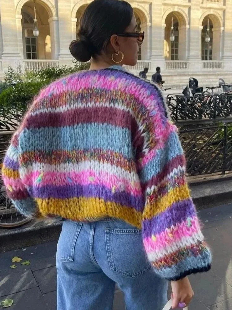 OIINAA Knitted Cardigan for Women Sweater Striped Rainbow Long Sleeve Open Stitch Cardigans Autumn Winter Fashion Outerwears 250225