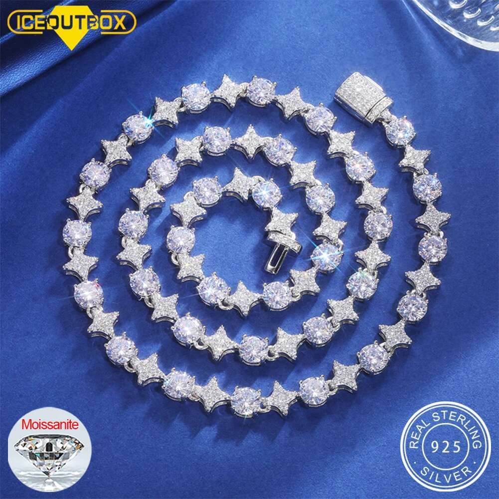 Sterg Sier Star Round Moissanite Tennis Chain Necklace For Women New Design Iced Out Hip Hop Fine Jewelry for Christmas
