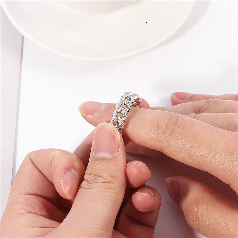 Hiphop Ring Silver Color Cuba Chain Ring Iced Out Paw Setting Micro Crystal Ring For Woman Men Engagement Wedding Finger Jewelry 250225