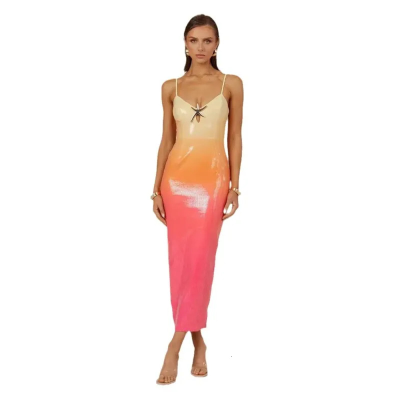 Sequins Gradient Spaghetti Strap Slim Maxi Dress Women Starfish Hollow Out Sleeveless Package Hip Sparkle Slit Party Dresses 250226