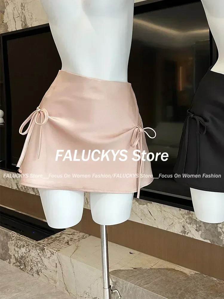 Bow Lace-up Satin Y2k Mini Skirts Women Pink Korean Style A-Line Skirts Summer High Waist Sexy Slim Sweet Short Skirts 250225