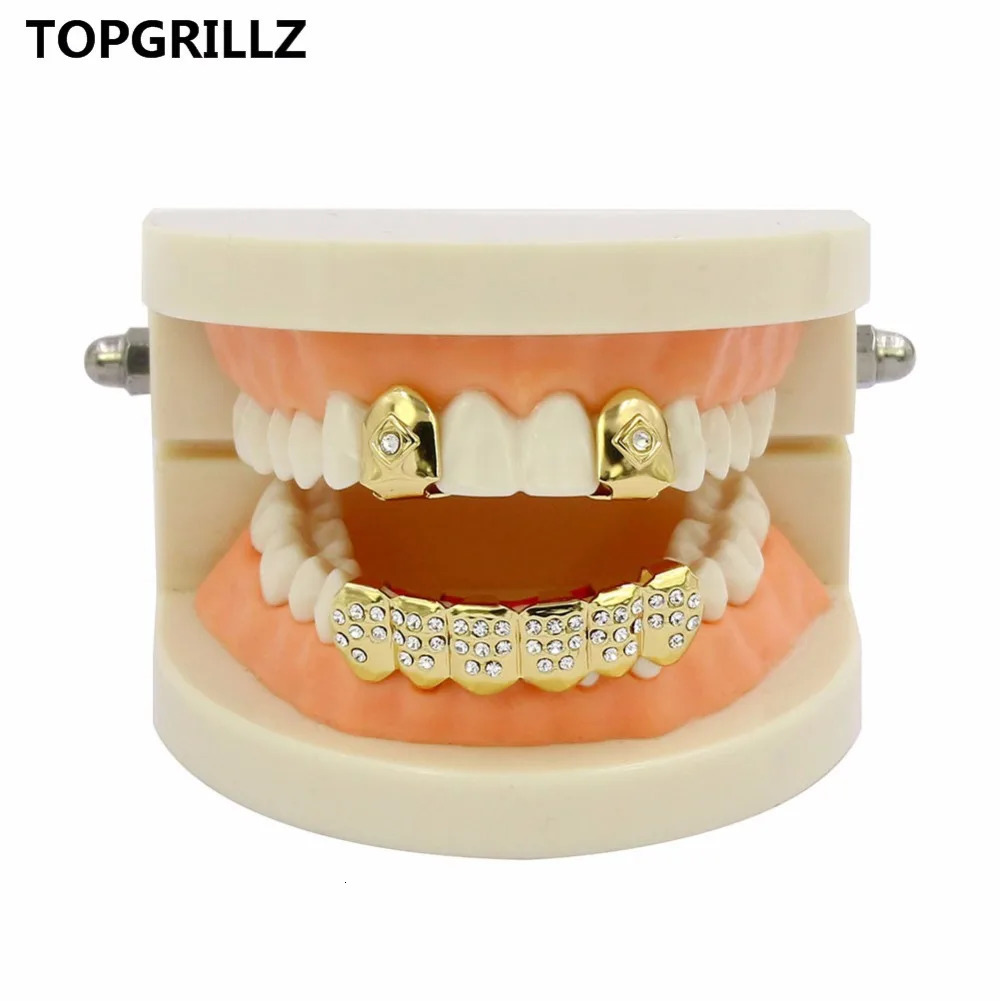 TOP Light Yellow Gold Color Plated 2 Single Top Teeth Cap Tooth Grills Two Lines Bottom Hip Hop Grill For Gift 250225