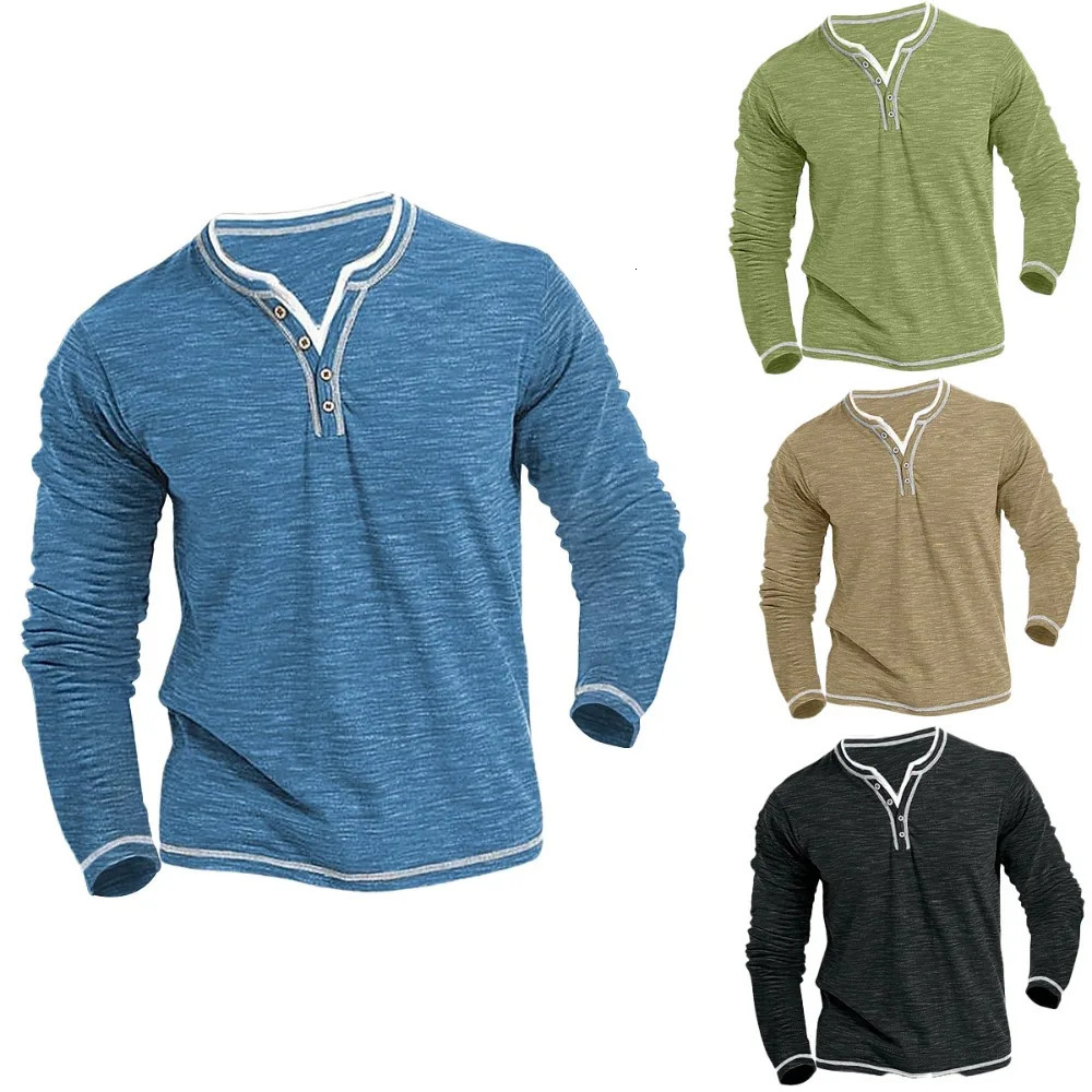 Cotton Small V-neck T-shirts Mens Casual T-shirt Fall Winter Long-sleeved Comfortable Soft Stretch Henley Shirt 250225