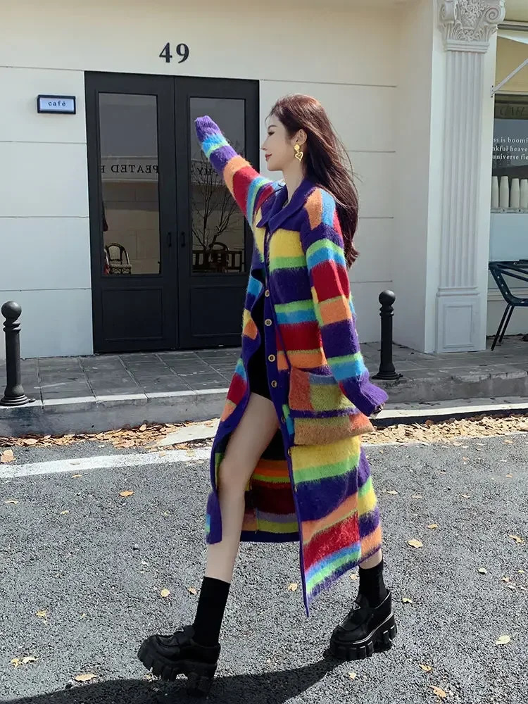 Hikigawa Chic Fashion Mohair Women Rainbow Striped Knitted Cardigan Long Coats Loose Contrast Color Sweater Outerwear Mujer 250225