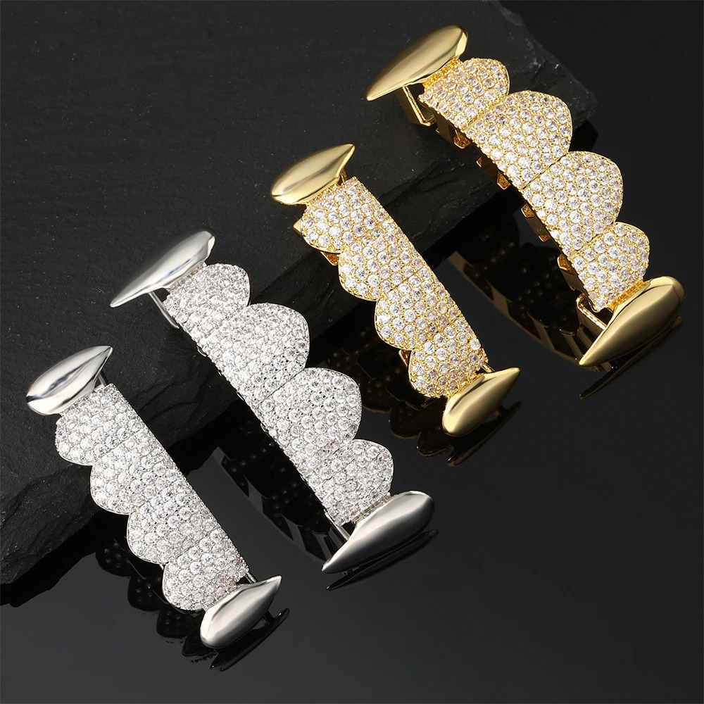 Hip Hop CZ Teeth Caps Cubic Zircon Iced Out Micro Pave Top Bottom Charm Grills For Men Women Jewelry Cosplay Xmas Gift 250225