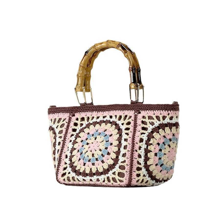 Grandmother Bohemian handbag handmade crochet flower bamboo handle handbag ethnic style single shoulder crossbody bag 250215