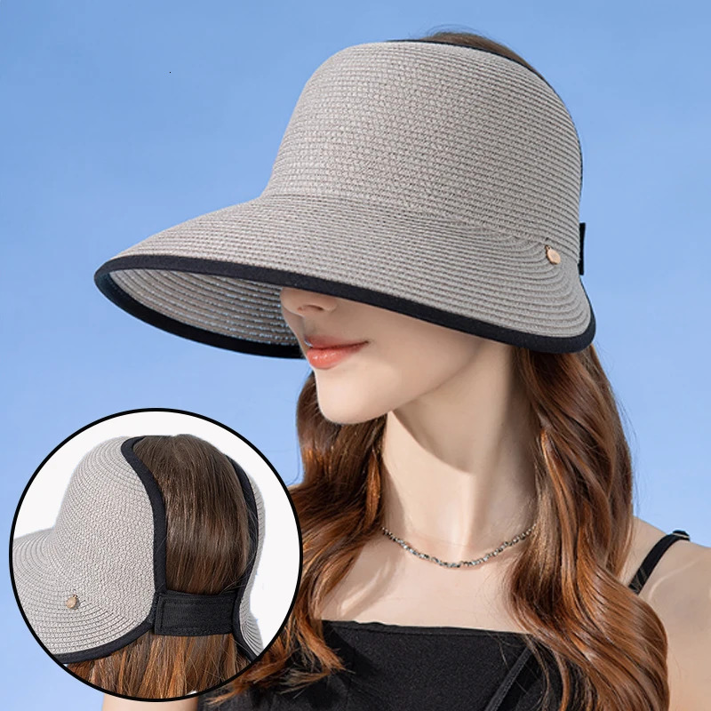 Summer Empty Top Straw Hat for Women Large Brim Uv Protection Sunscreen Sun Hat Foldable Roll Up Visors Outdoor Travel Beach Cap 250218