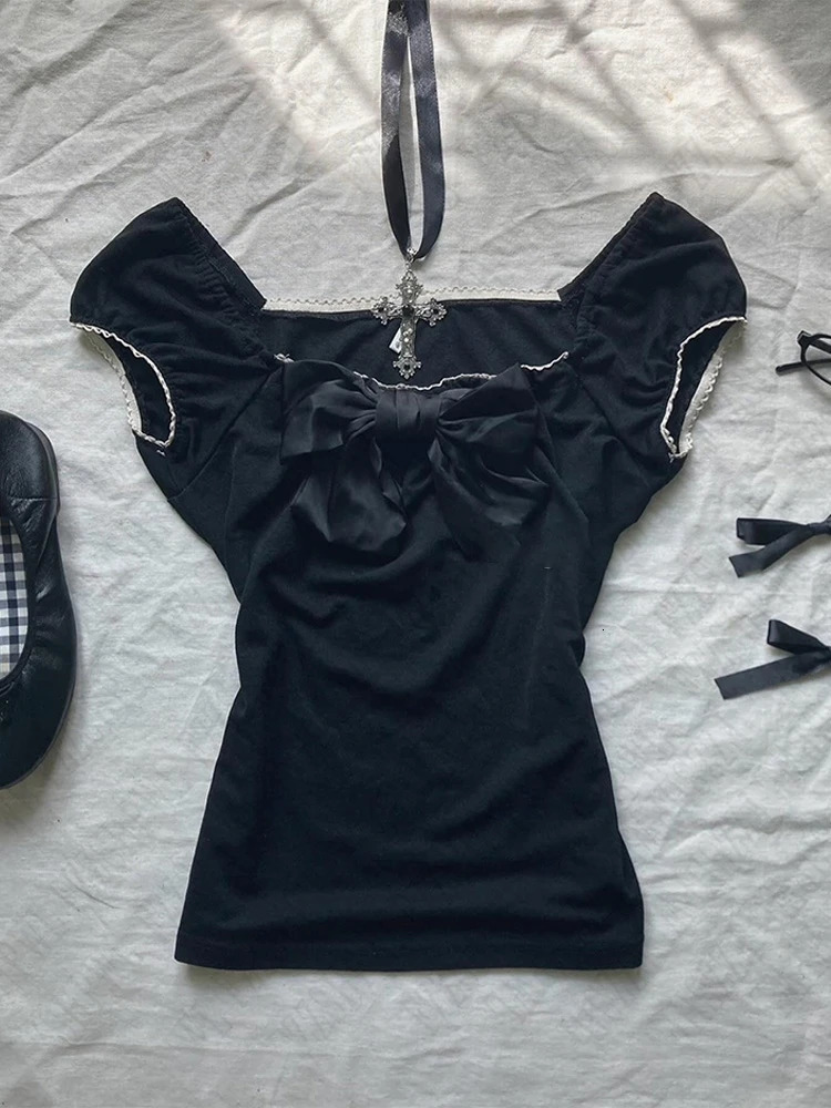 Y2K Cute Harajuku Womens Mini Skirt vintage Streetwear Hip Hop Punk Rock Chic Sweet Bow Emo Solid Color Womens Crop Tops 250225