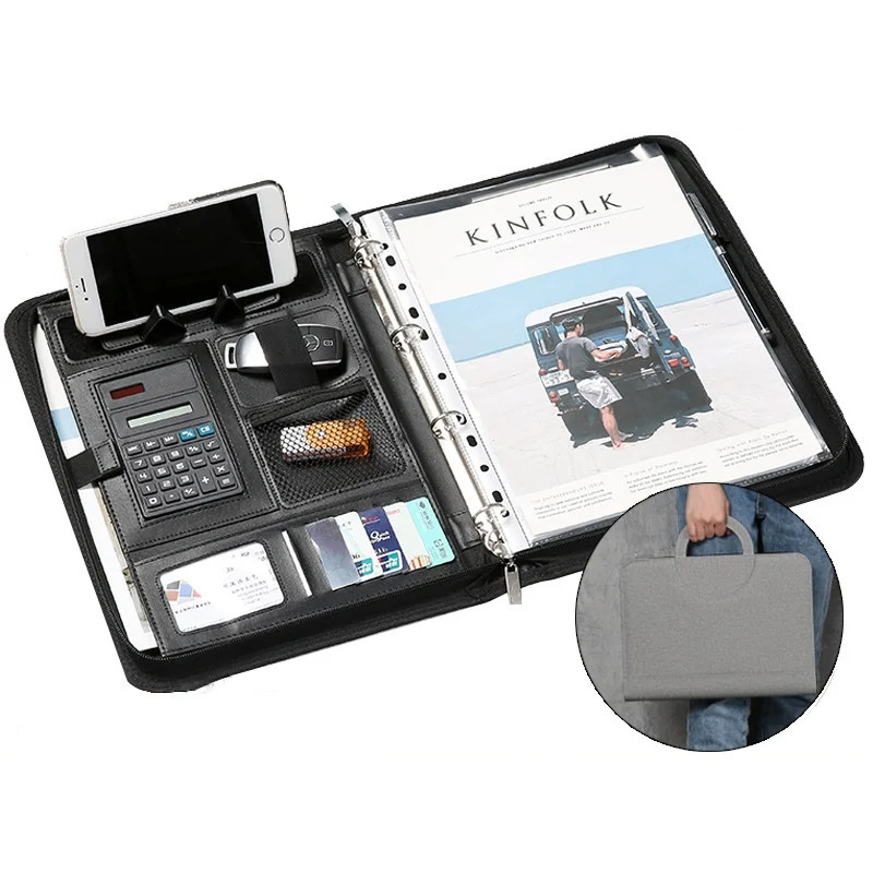 1 Pcs A4 Portable File Folder with Calculator Binder Organizer Manager Office Document Pad Briefcase PU Leather Bag 250221