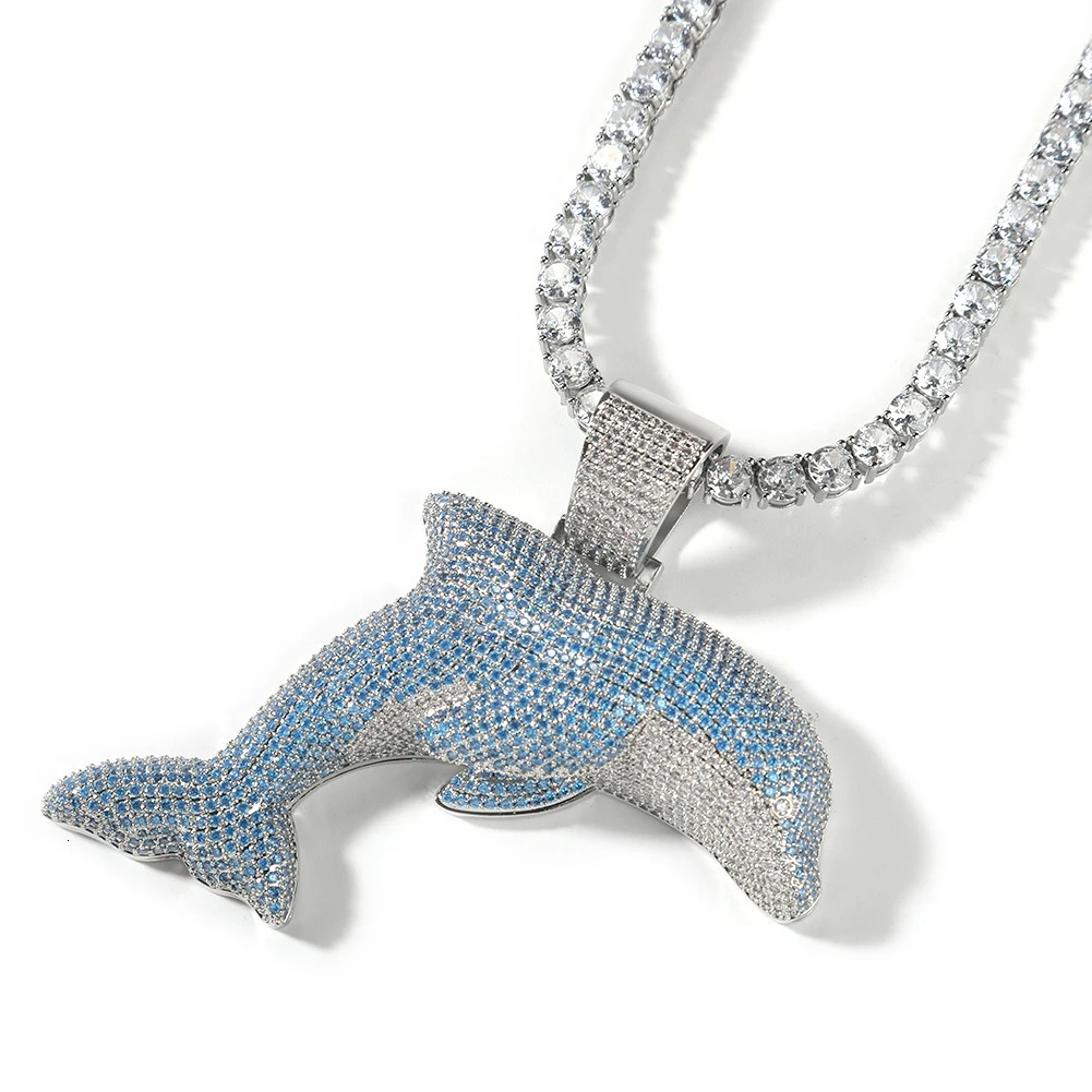 THE BLING KING Iced Out Big Size Dolphin Pendant Micro Paved Sky Blue Cubic Zirconia Cute Pendant Necklace Hiphop Jewelry 250225