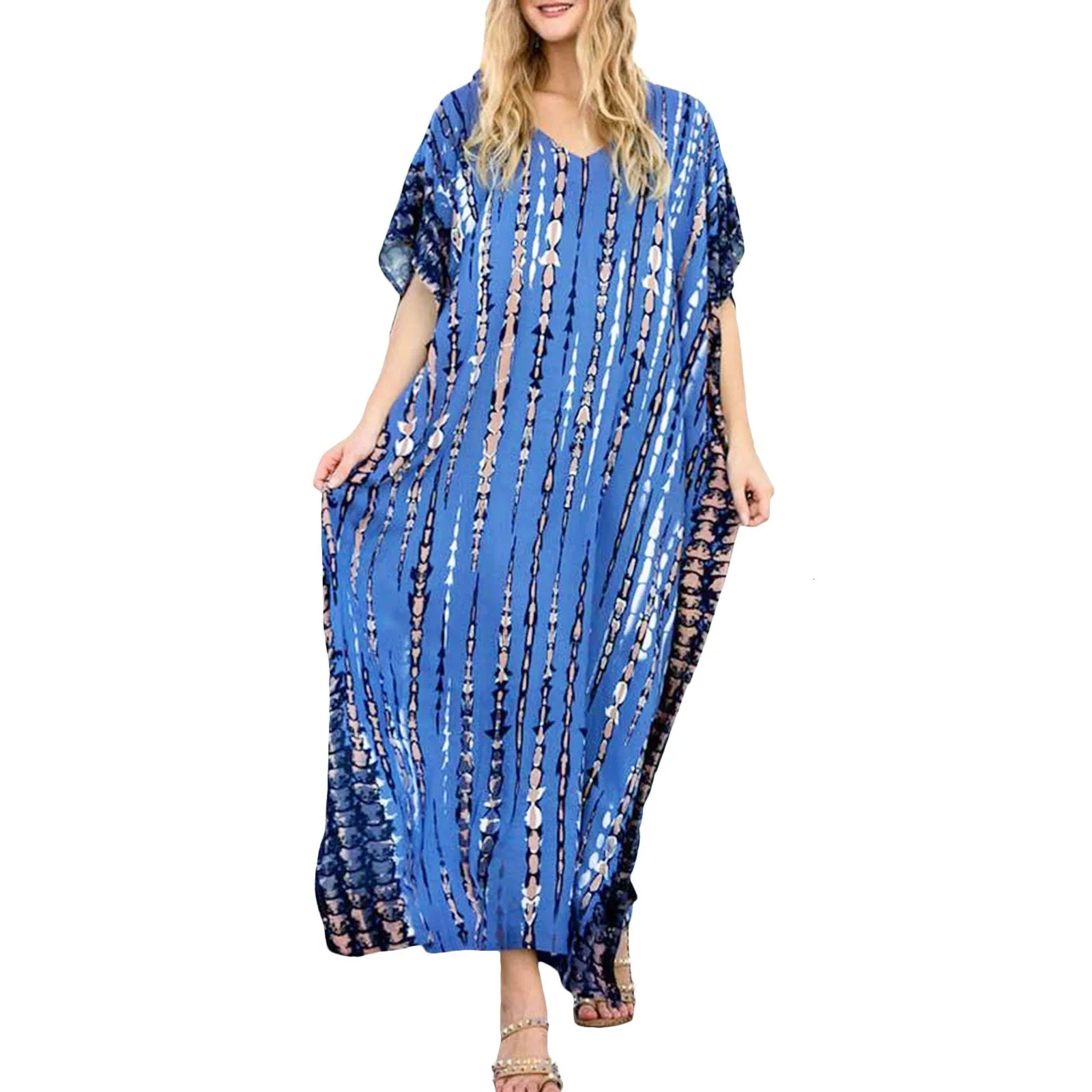 Womens Plus Size Kaftans Casual V Neck Puff Sleeve Boho Loose Floral Long Soft Beach Maxi Summer Swing Party Dresses For Women 250225