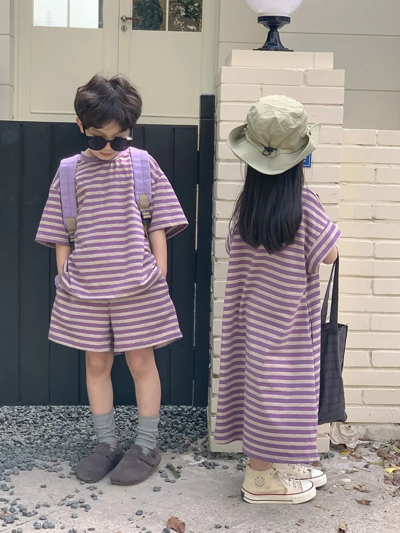 MILANCEL Summer Kids Clothing Set Striped Tee And Shorts Boys Casual Suit Girl Long Dress Brother Sister Clothes 250221