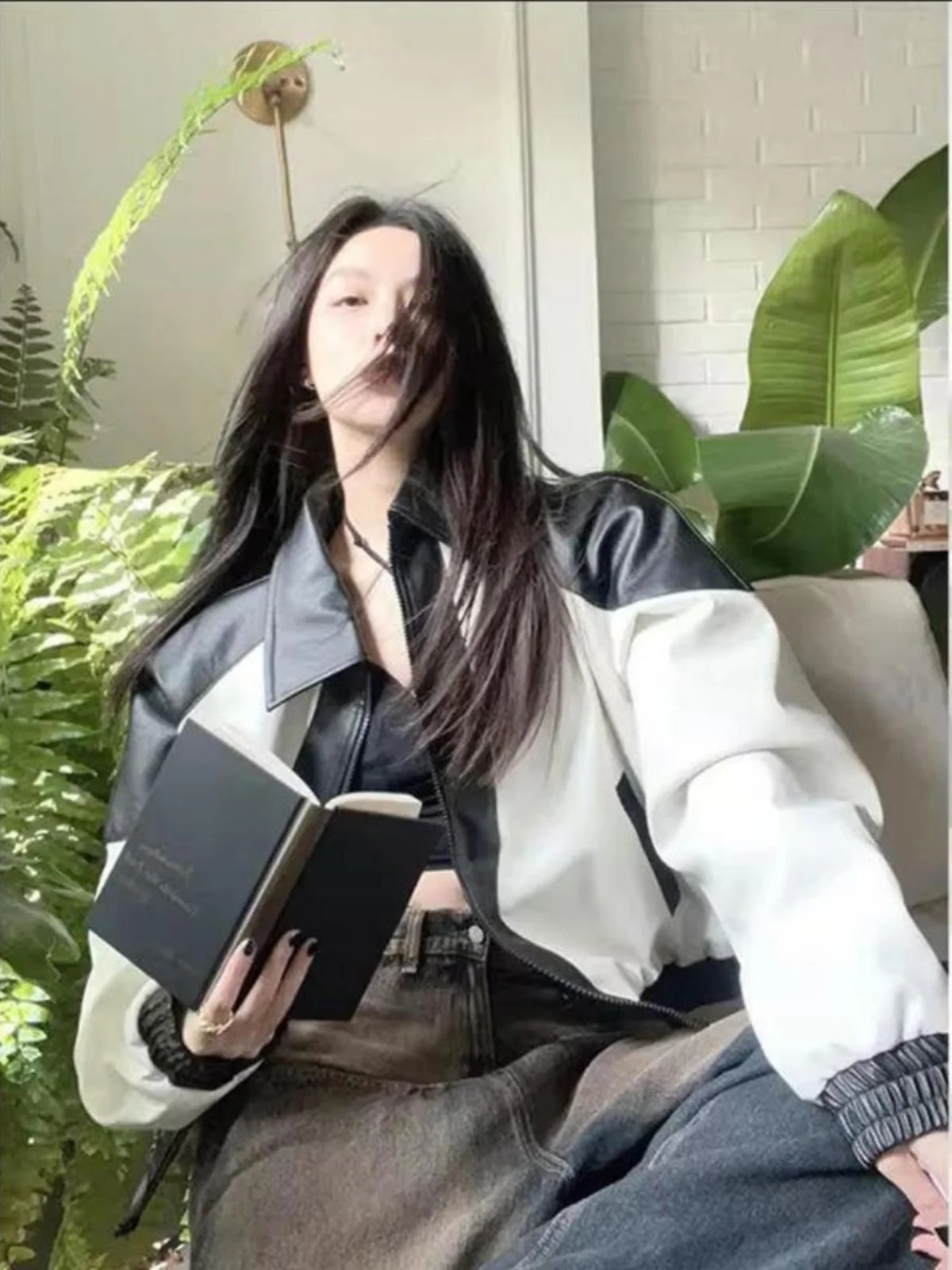 Womens Vintage China-Chic Black White Contrast Splice Leather Jacket Female Spring Autumn Fashion Loose Long Sleeve Coat 250225