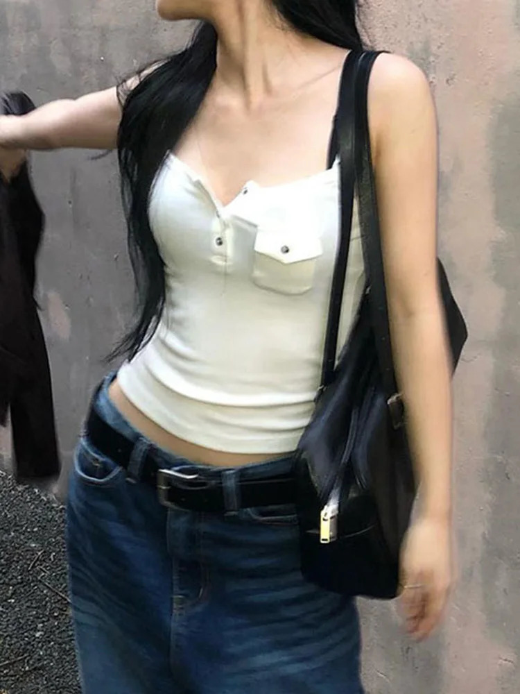 Casual solid pocket Camis top sexy slim sloping collar sleeveless vest Toops 2025 summer fashion streetwear women 250224Z