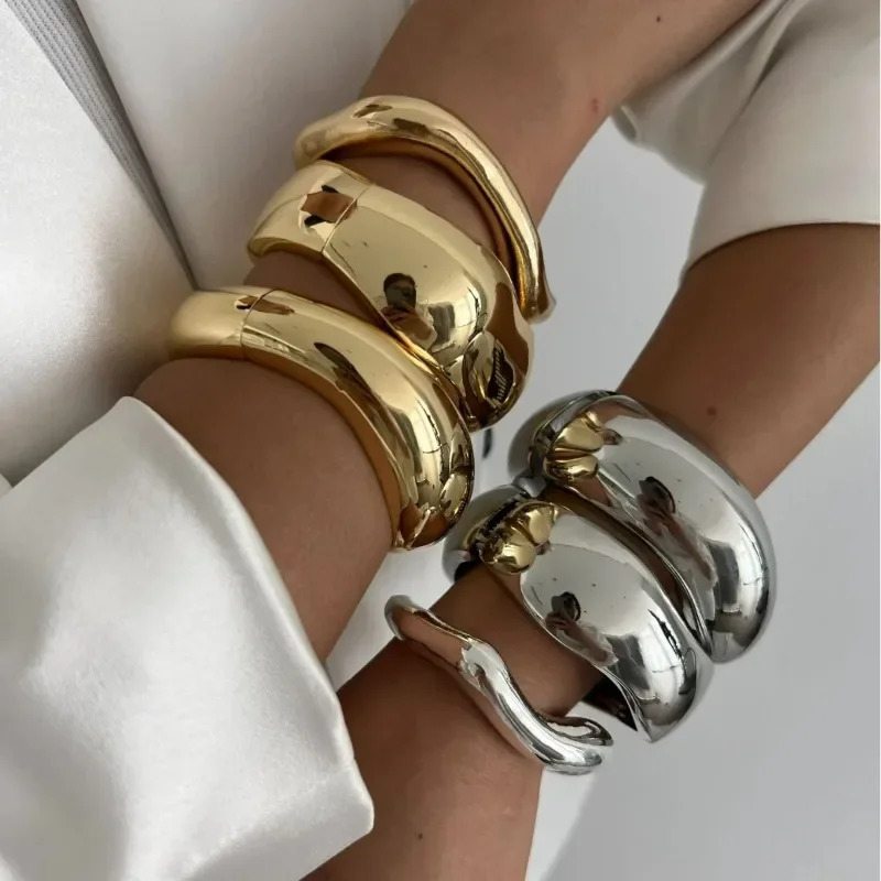 Vintage Wide Cuff Bangles Hip Hop Punk Gold Silver Color Geometric Metal Spring Bangles For Women Bracelets Men Jewelry 250225