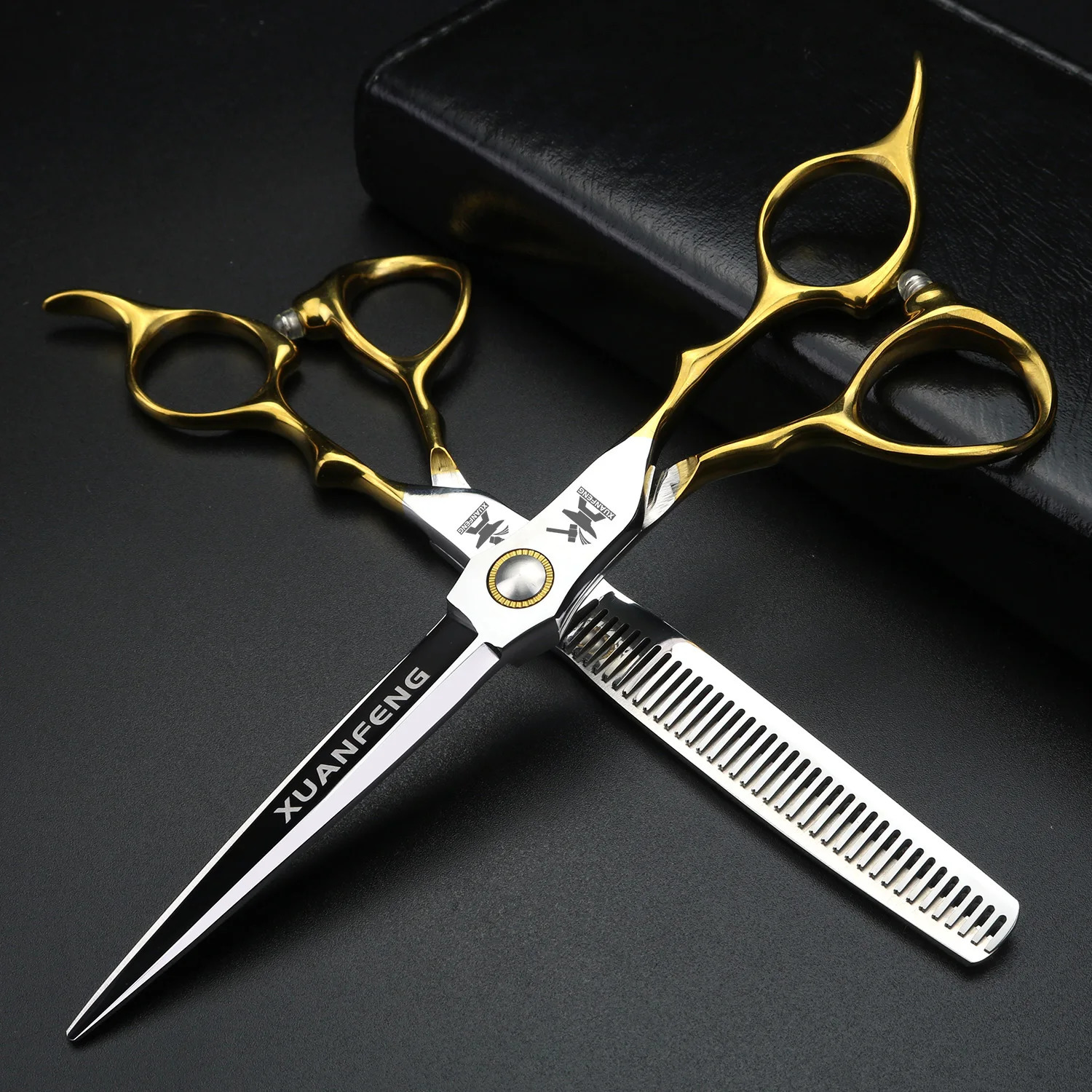 XUANFENG Gold Handle Professional Hair Scissors 65 440C Steel Barber Cutting and thinning 240224