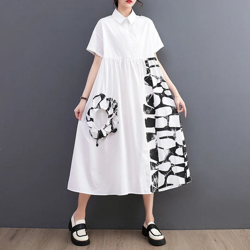 #0208 Summer Black White Long Shirt Dress Women Side Pockets Buttons Loose Asymmetrical Printed Midi Dress Female Short Sleeve 250225