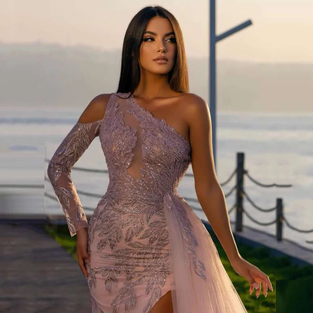 Cold Single Shoulder Prom Dress Chic Full Sleeve Sheer Mesh Shiny Sequins Mopping Hem Beaded Evening Dresses Personalized