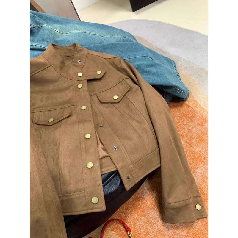 Maillardcoffee Color Women's Deer Veet Leather Jacket Autumn/Winter Sensibility Niche Petite Cropped Motorcycle Top